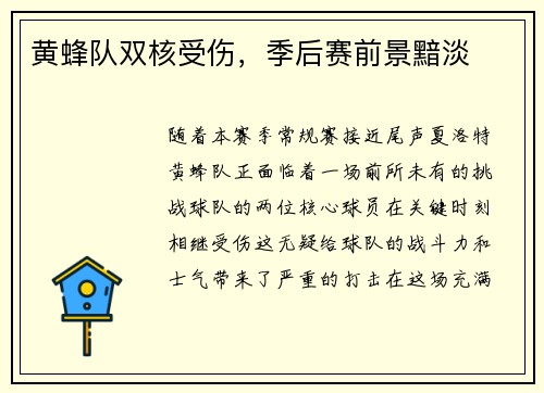 黄蜂队双核受伤，季后赛前景黯淡